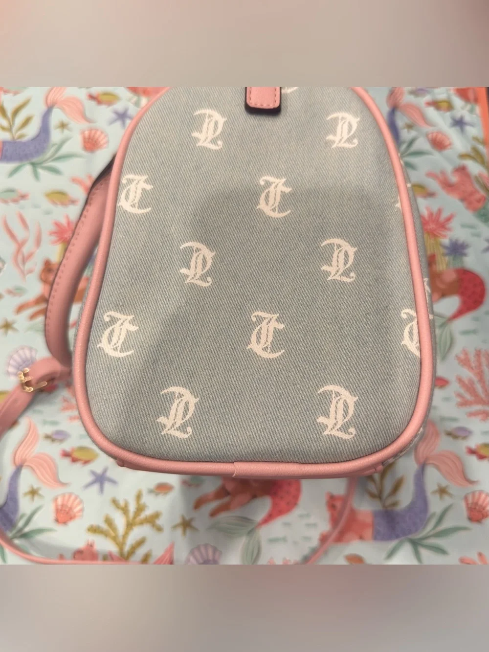Juicy Couture Denim Purse w Long Strap & White Gothic Lettering w Pink Details